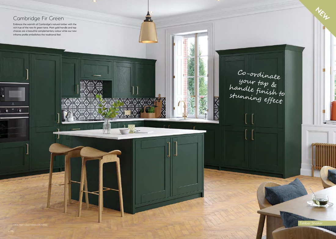 Cambridge Fir Green timber shaker kitchen with gold details