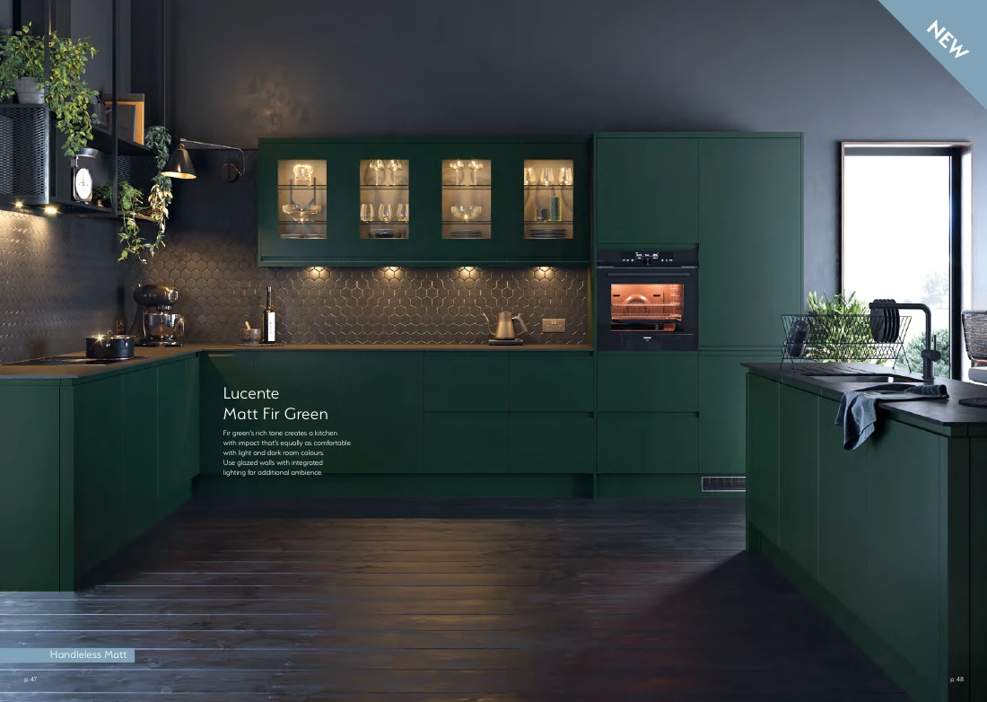 Lucente Matt Fir Green handleless kitchen